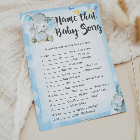 Blue elephant baby games, name that baby song, elephant baby games, printable baby games, top baby games, best baby shower games, baby shower ideas, fun baby games, elephant baby shower