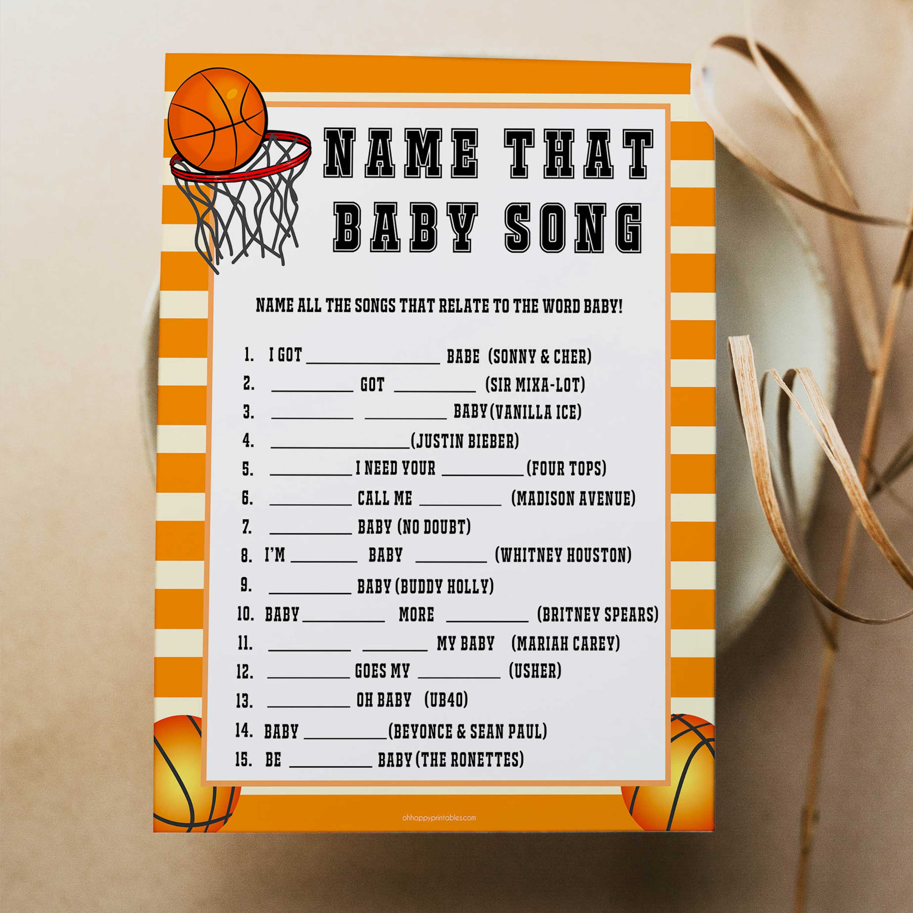 Basketball baby shower games, name that baby song baby game, printable baby games, basket baby games, baby shower games, basketball baby shower idea, fun baby games, popular baby games