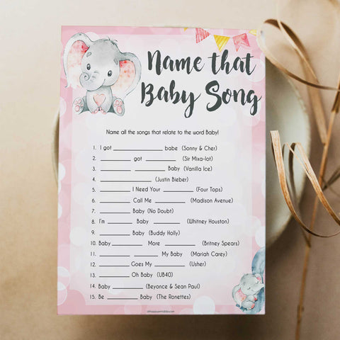 pink elephant baby games, name that baby song baby shower games, printable baby shower games, baby shower games, fun baby games, popular baby games, pink baby games