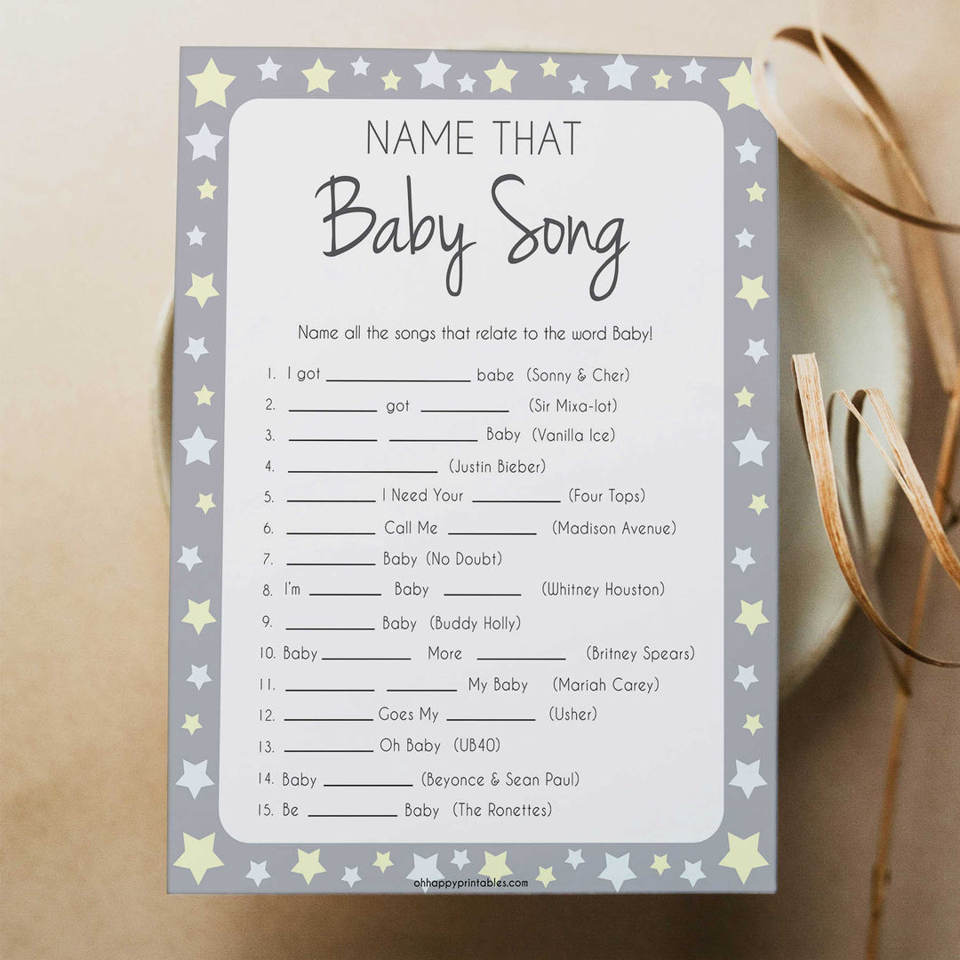 Grey Yellow Stars Name That Song Baby Shower Game, Baby Song Games, Printable Baby Shower Games, Name That Baby Song, Name that Song, fun abby shower games, popular baby shower games