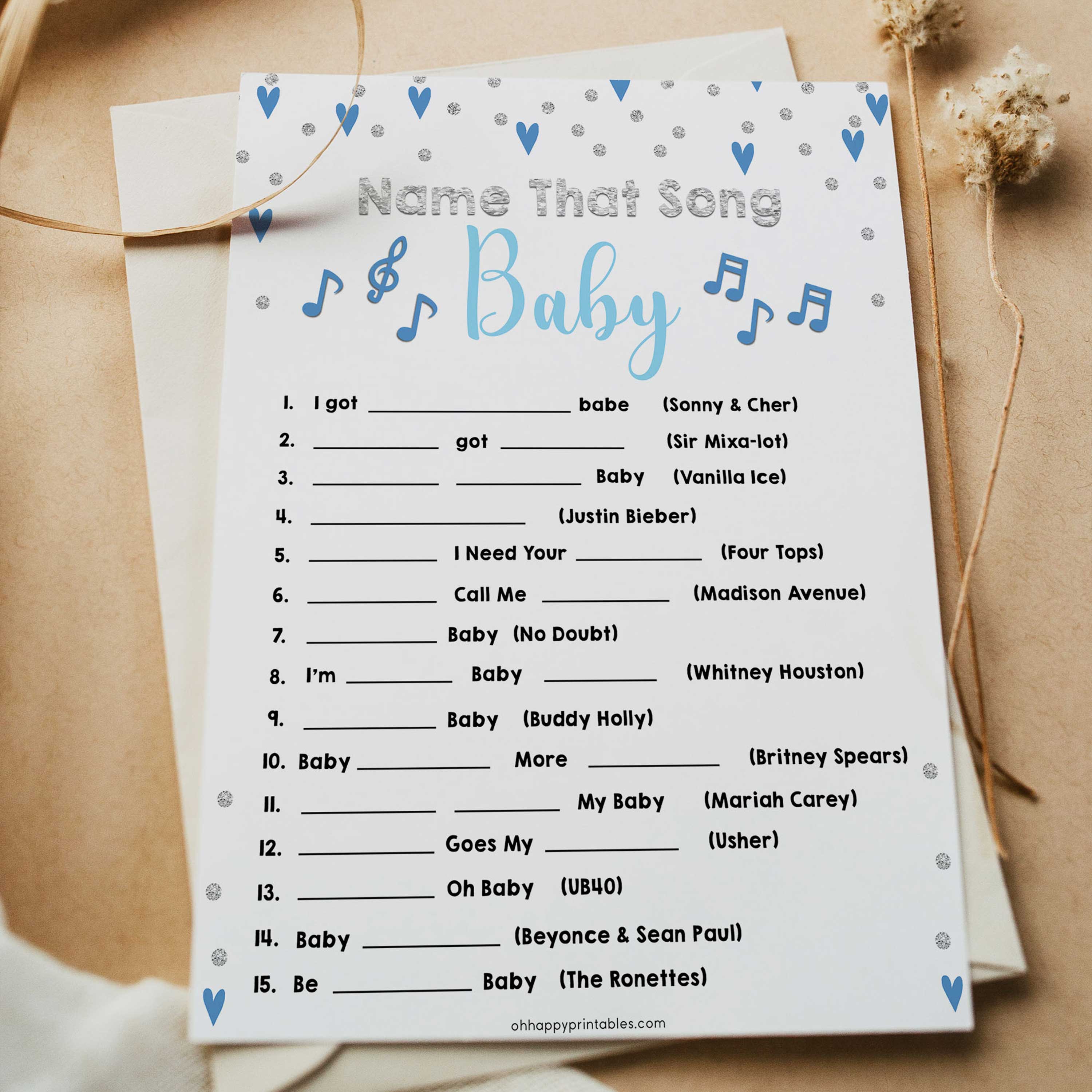 name that baby song game, Printable baby shower games, small blue hearts fun baby games, baby shower games, fun baby shower ideas, top baby shower ideas, silver baby shower, blue hearts baby shower ideas