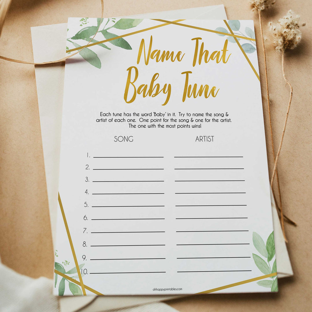 gold geometric name that baby tune baby shower games, printable baby shower games, fun baby games, popular baby games, gold baby games