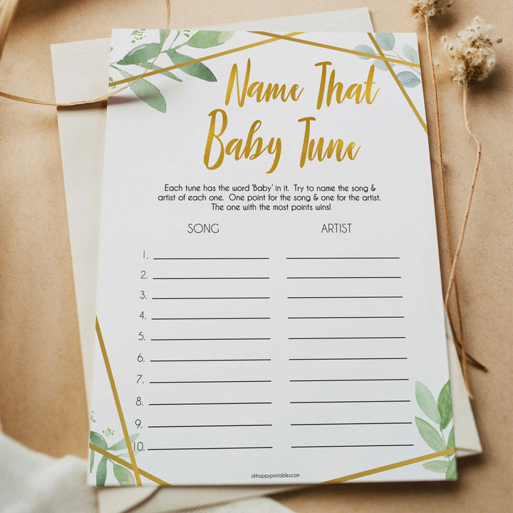 gold geometric name that baby tune baby shower games, printable baby shower games, fun baby games, popular baby games, gold baby games