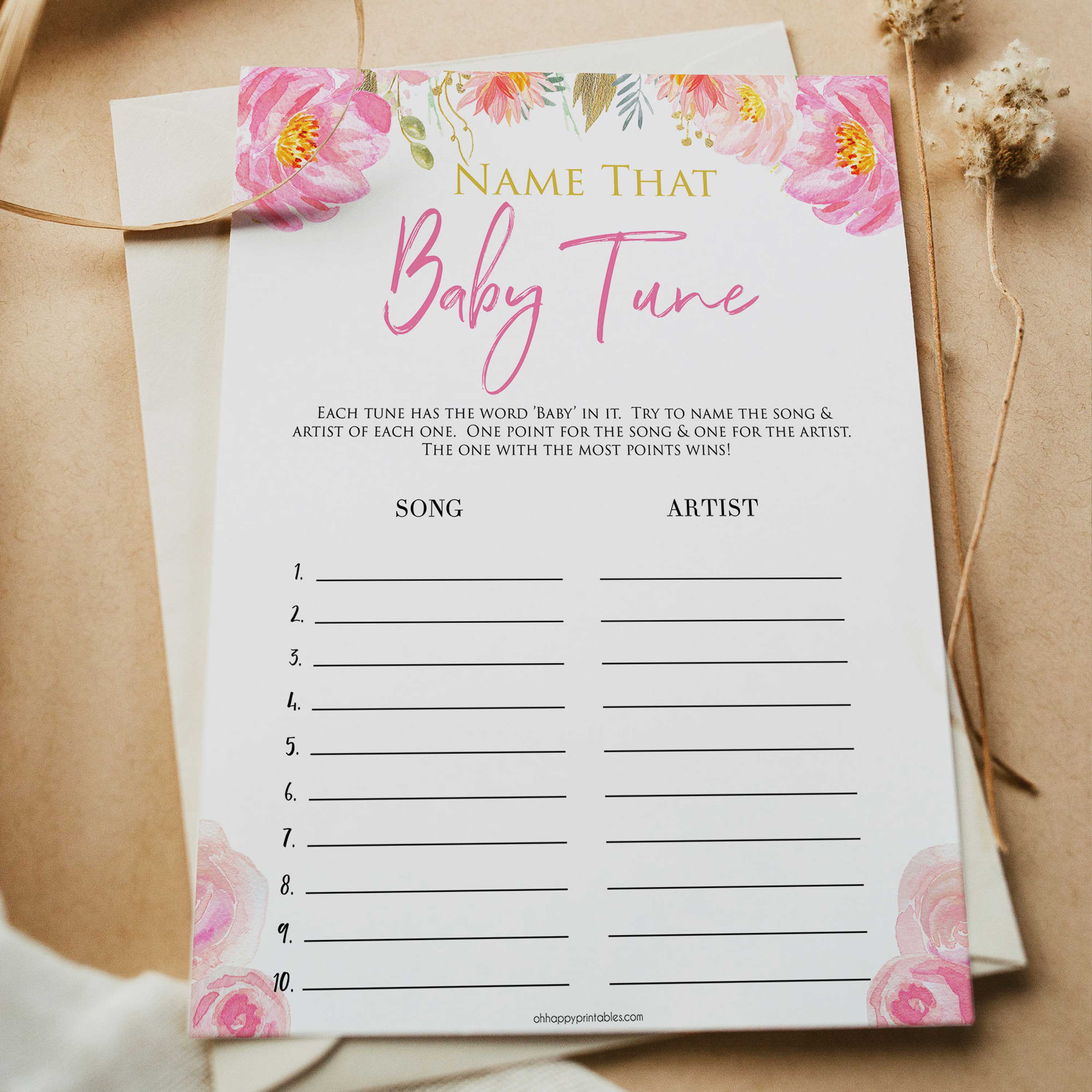 Pink blush floral baby shower name that baby tune game, printable baby games, baby shower games, blush baby shower, floral baby games, girl baby shower ideas, pink baby shower ideas, floral baby games, popular baby games, fun baby games