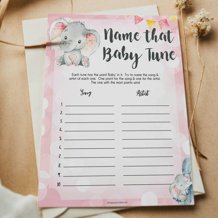 pink elephant baby games, name that baby tune baby shower games, printable baby shower games, baby shower games, fun baby games, popular baby games, pink baby games