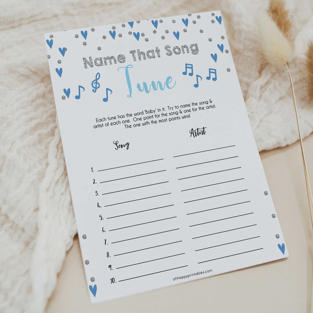 Name That Baby Tune Game, Printable baby shower games, small blue hearts fun baby games, baby shower games, fun baby shower ideas, top baby shower ideas, silver baby shower, blue hearts baby shower ideas