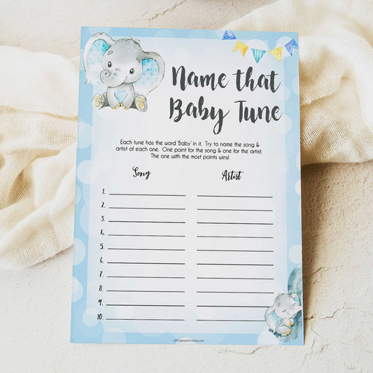 Blue elephant baby games, name that baby tune, elephant baby games, printable baby games, top baby games, best baby shower games, baby shower ideas, fun baby games, elephant baby shower