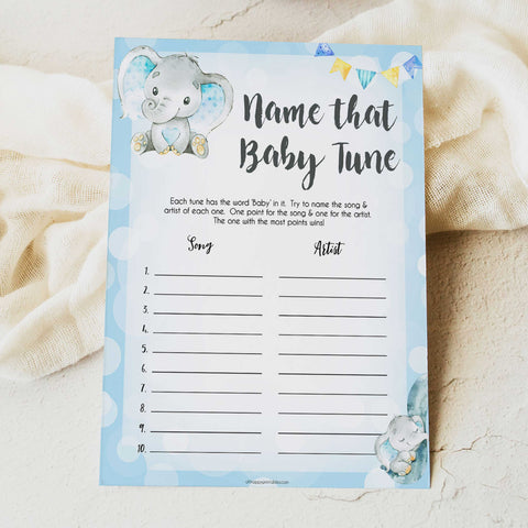 Blue elephant baby games, name that baby tune, elephant baby games, printable baby games, top baby games, best baby shower games, baby shower ideas, fun baby games, elephant baby shower