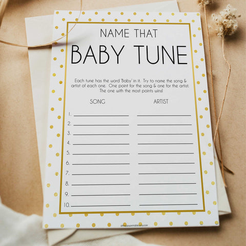 name that baby tune game, Printable baby shower games, baby gold dots fun baby games, baby shower games, fun baby shower ideas, top baby shower ideas, gold glitter shower baby shower, friends baby shower ideas