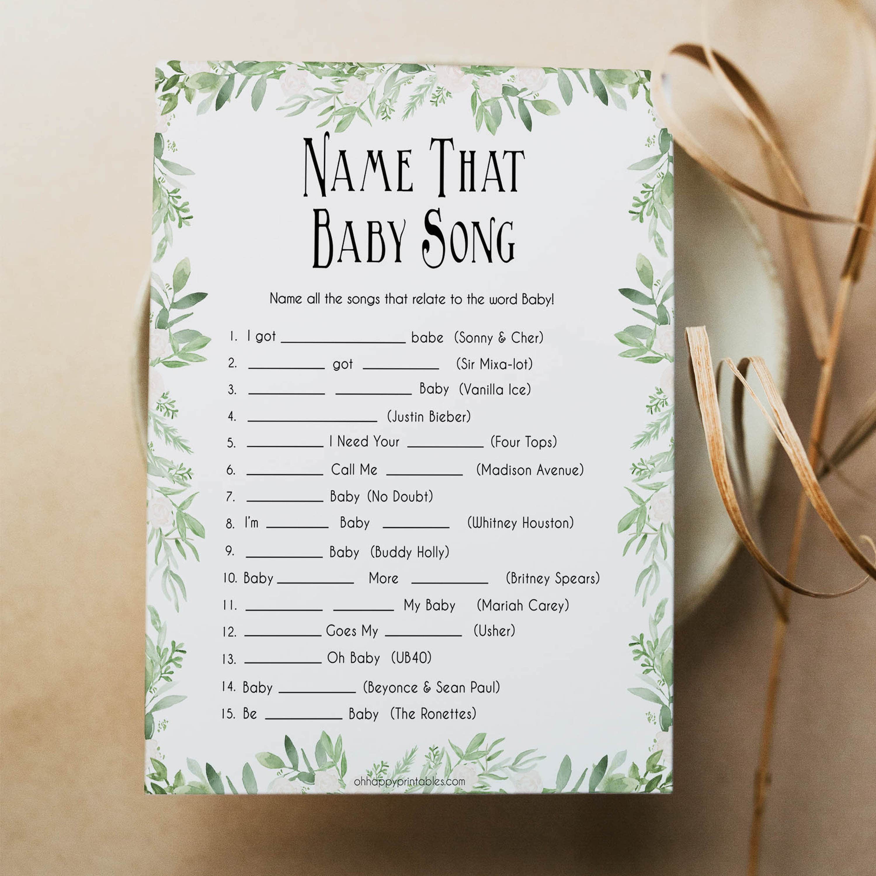 Greenery Name That Song Baby Shower Game, Baby Song Games, Baby Shower Games, Name That Baby Song, Musical Games, Name that Song Game, printable baby shower games, popular baby shower games, fun baby shower games