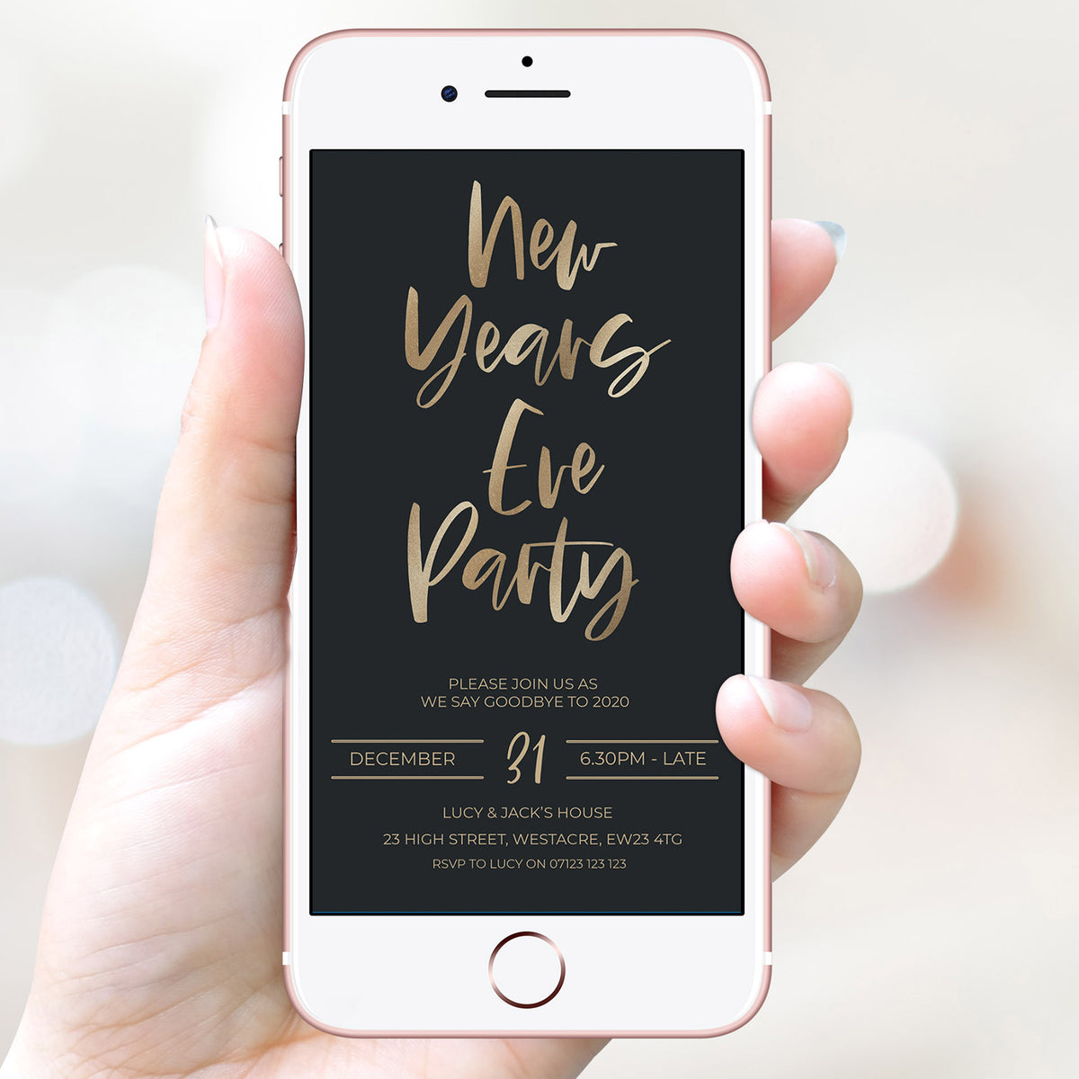 gold new years eve invitation, cell phone invitation,new years eve party invitation, new years eve party ideas, party invitations, editable party invitations, gold new years eve invitation