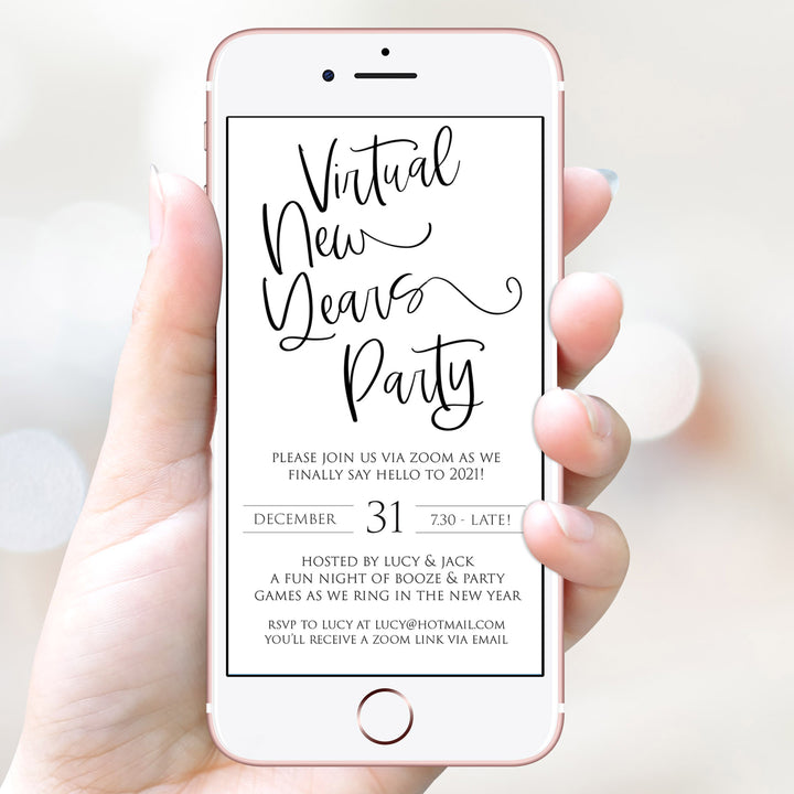 virtual elegant new years eve invitation, new years eve party invitation, new years eve party ideas, party invitations, editable party invitations, gold new years eve invitation