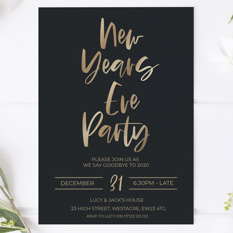 new years eve party invitation, new years eve party ideas, party invitations, editable party invitations, gold new years eve invitation
