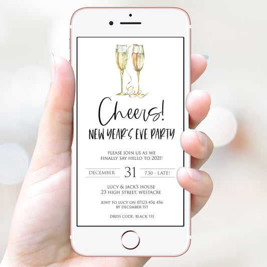 gold cheers new years eve, mobile invitation, phone invitation, new years eve party invitation, new years eve party ideas, party invitations, editable party invitations, gold new years eve invitation