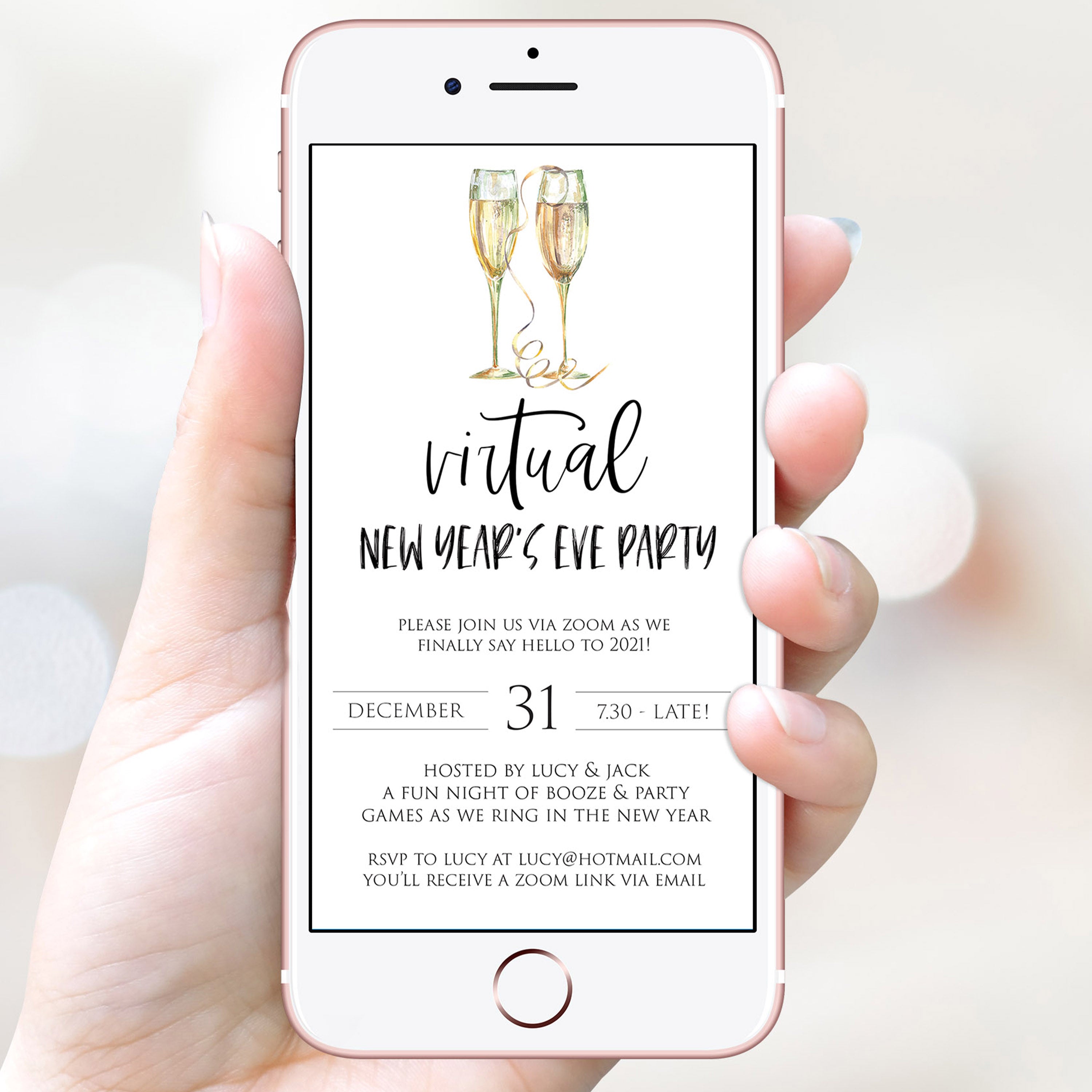 virtual new years eve party, new years eve party invitation, new years eve party ideas, party invitations, editable party invitations, gold new years eve invitation