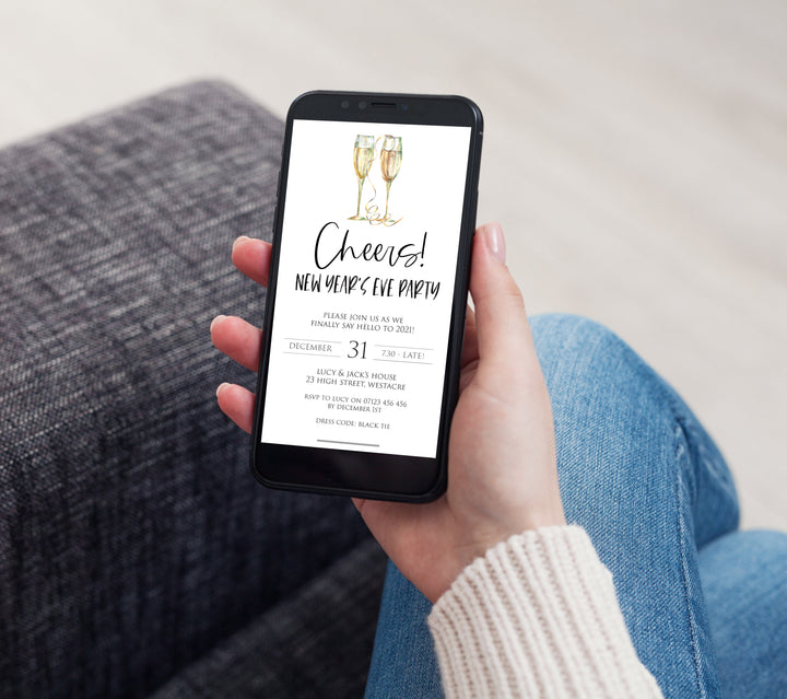 gold cheers new years eve, mobile invitation, phone invitation, new years eve party invitation, new years eve party ideas, party invitations, editable party invitations, gold new years eve invitation