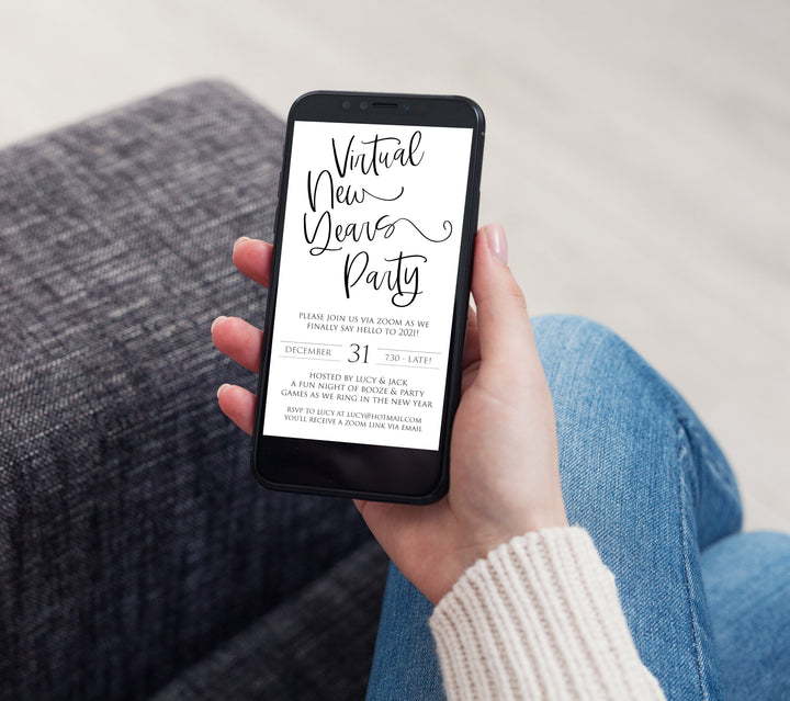 virtual elegant new years eve invitation, new years eve party invitation, new years eve party ideas, party invitations, editable party invitations, gold new years eve invitation