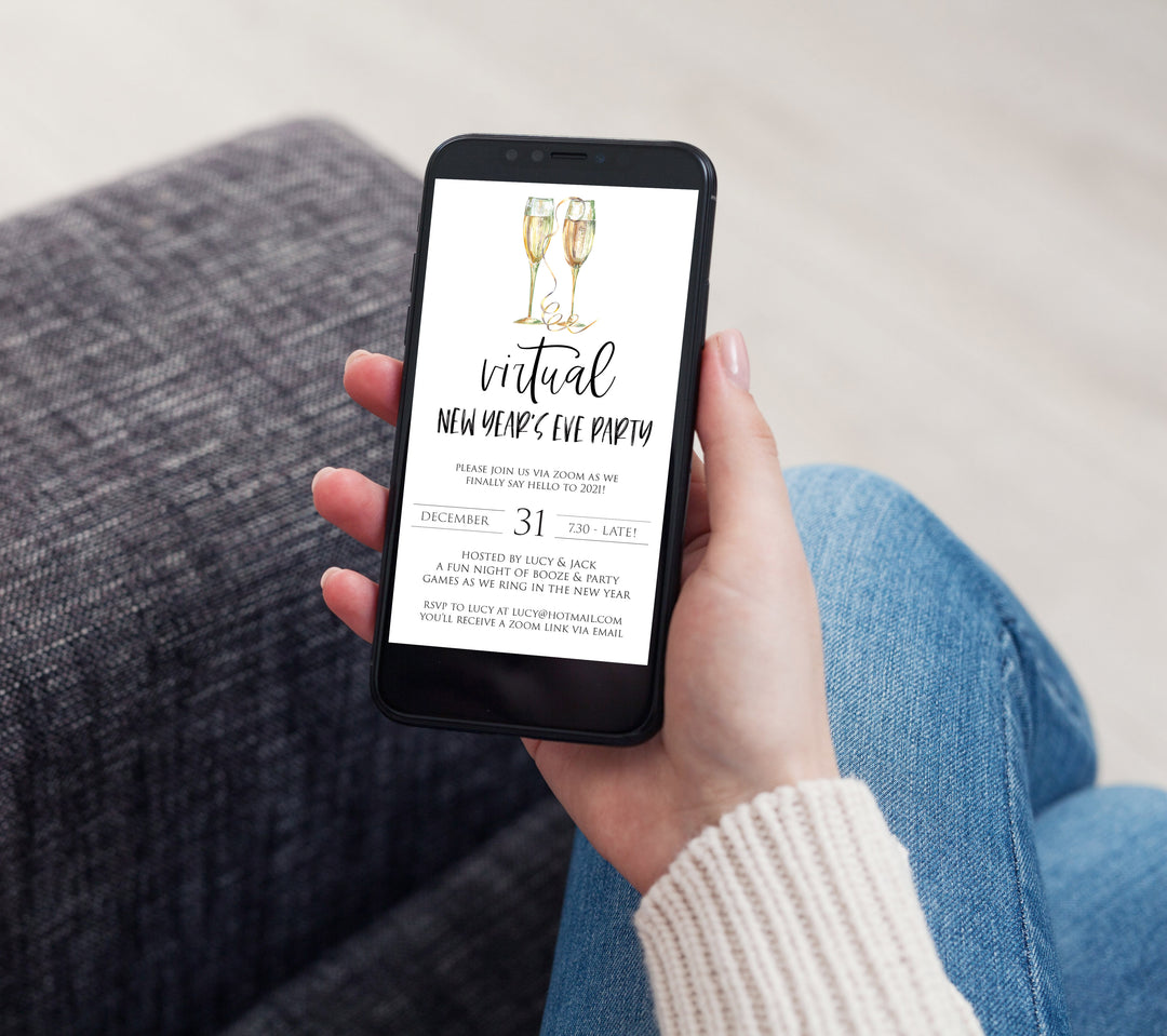 virtual new years eve party, new years eve party invitation, new years eve party ideas, party invitations, editable party invitations, gold new years eve invitation