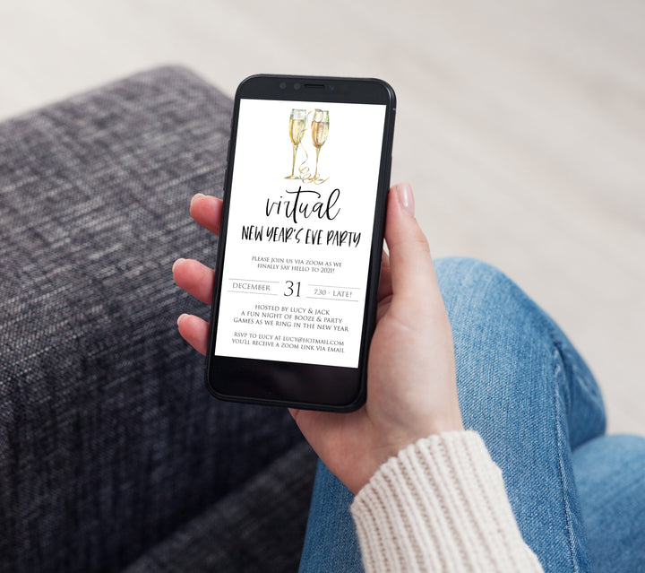 virtual new years eve party, new years eve party invitation, new years eve party ideas, party invitations, editable party invitations, gold new years eve invitation