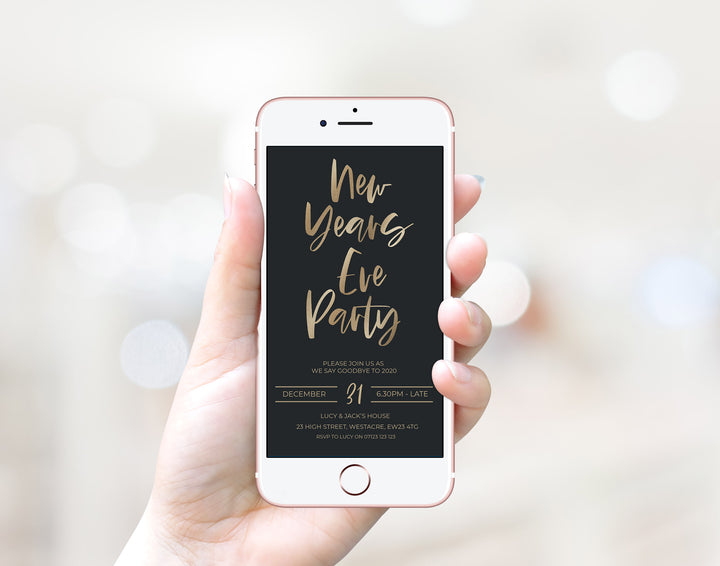 gold new years eve invitation, cell phone invitation,new years eve party invitation, new years eve party ideas, party invitations, editable party invitations, gold new years eve invitation
