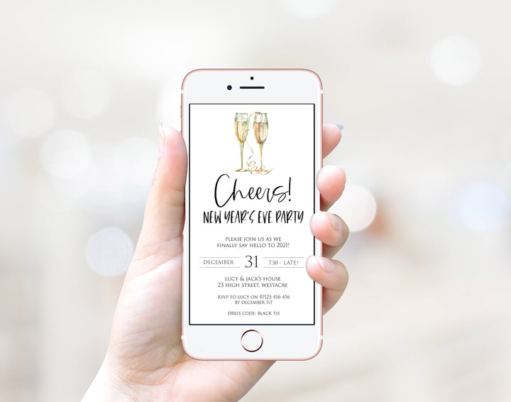 gold cheers new years eve, mobile invitation, phone invitation, new years eve party invitation, new years eve party ideas, party invitations, editable party invitations, gold new years eve invitation