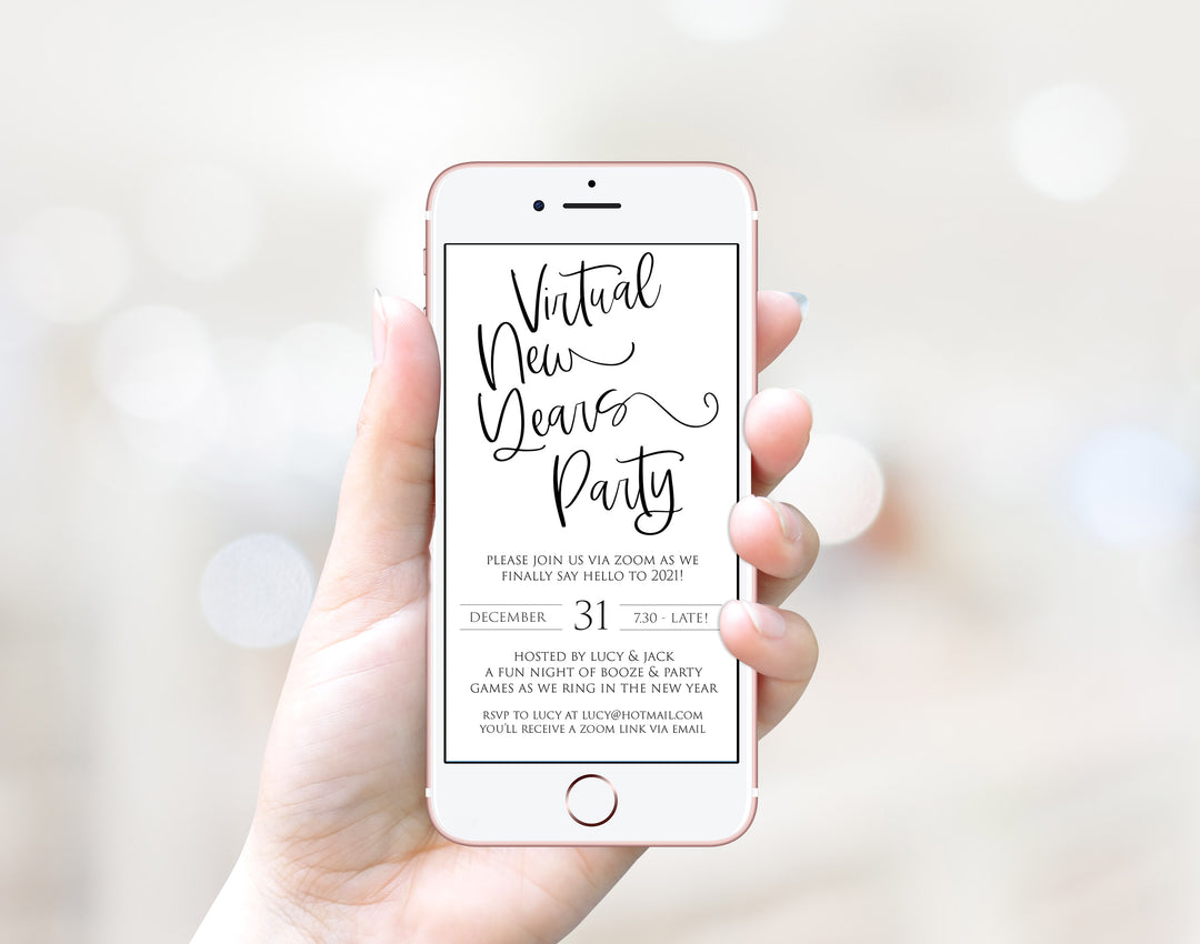 virtual elegant new years eve invitation, new years eve party invitation, new years eve party ideas, party invitations, editable party invitations, gold new years eve invitation