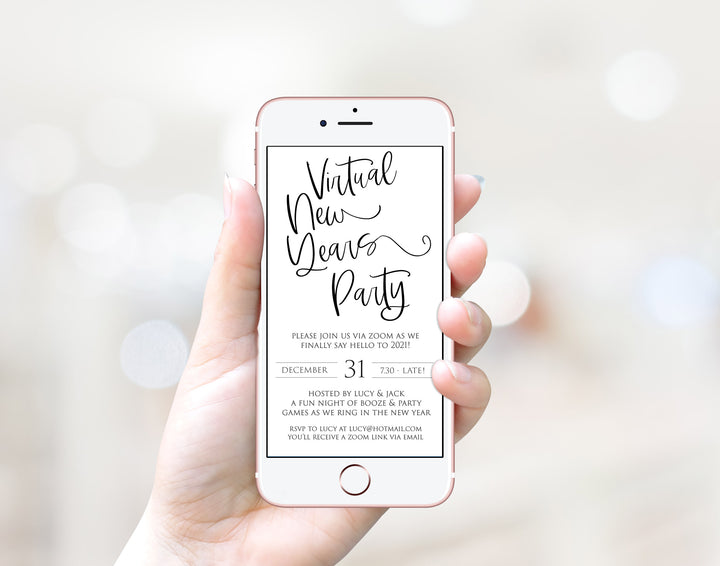 virtual elegant new years eve invitation, new years eve party invitation, new years eve party ideas, party invitations, editable party invitations, gold new years eve invitation