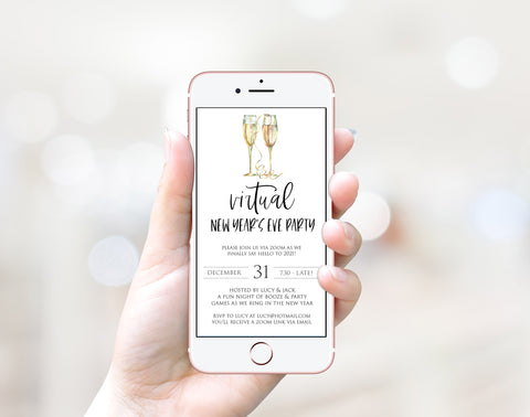 virtual new years eve party, new years eve party invitation, new years eve party ideas, party invitations, editable party invitations, gold new years eve invitation
