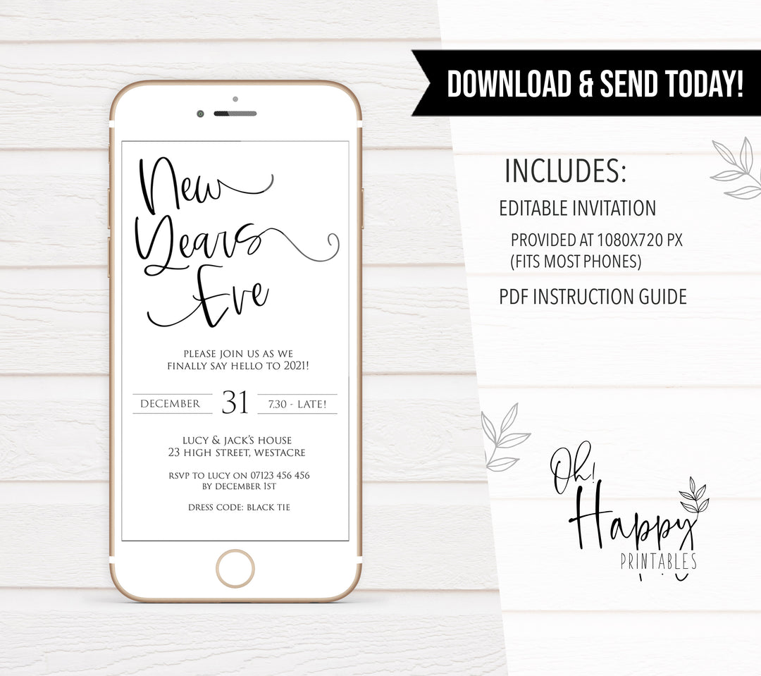 simple new years eve invitation, elegant new years eve invite, new years eve party invitation, new years eve party ideas, party invitations, editable party invitations, gold new years eve invitation