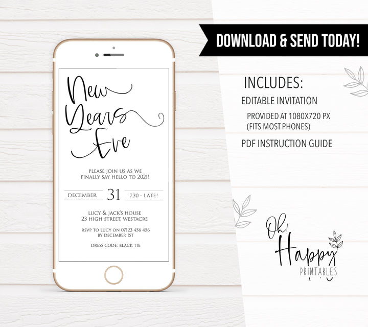 simple new years eve invitation, elegant new years eve invite, new years eve party invitation, new years eve party ideas, party invitations, editable party invitations, gold new years eve invitation