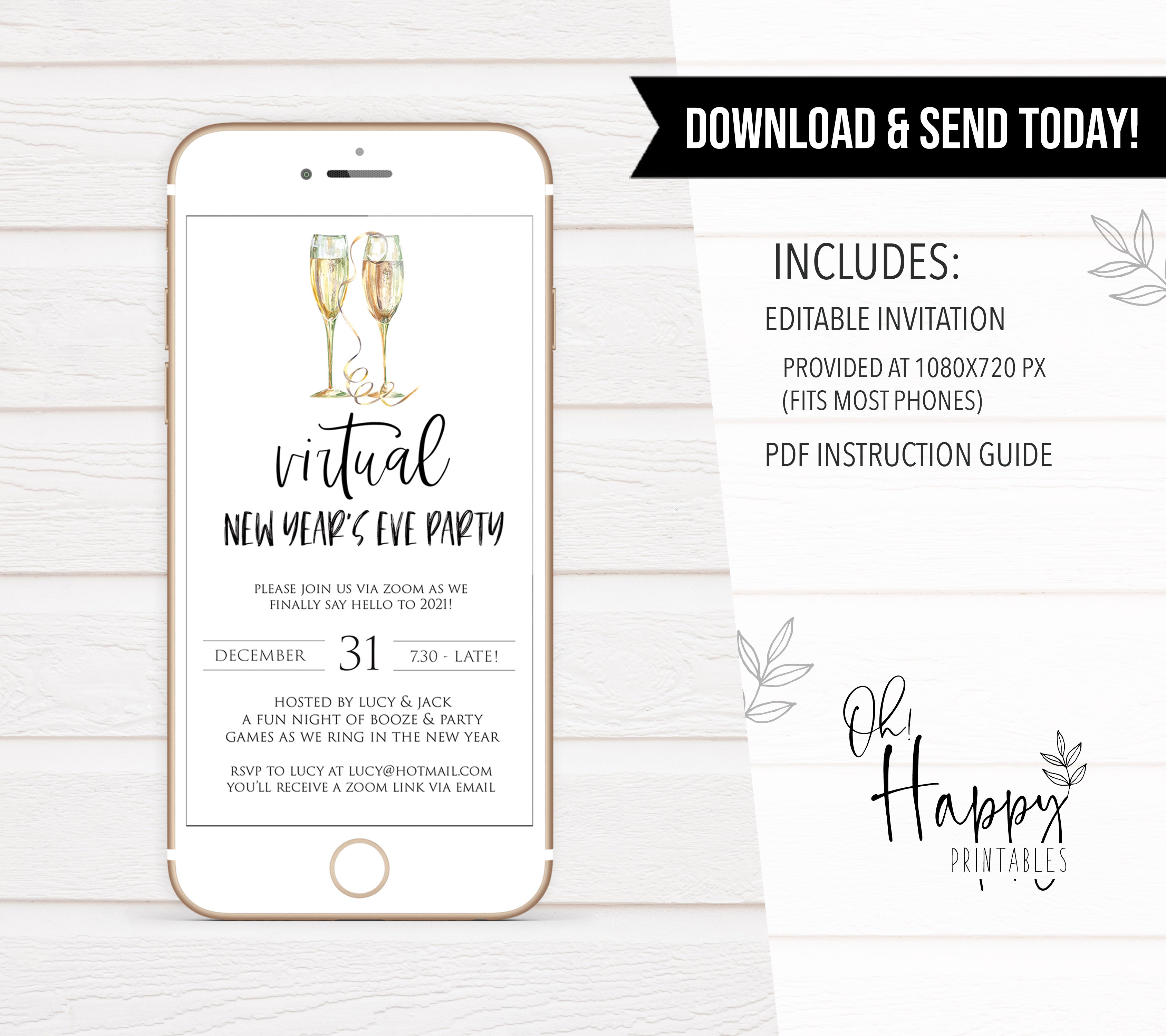 virtual new years eve party, new years eve party invitation, new years eve party ideas, party invitations, editable party invitations, gold new years eve invitation