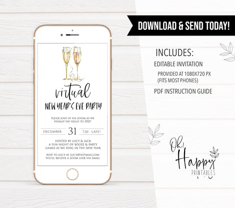 virtual new years eve party, new years eve party invitation, new years eve party ideas, party invitations, editable party invitations, gold new years eve invitation