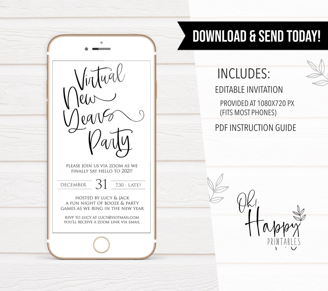 virtual elegant new years eve invitation, new years eve party invitation, new years eve party ideas, party invitations, editable party invitations, gold new years eve invitation