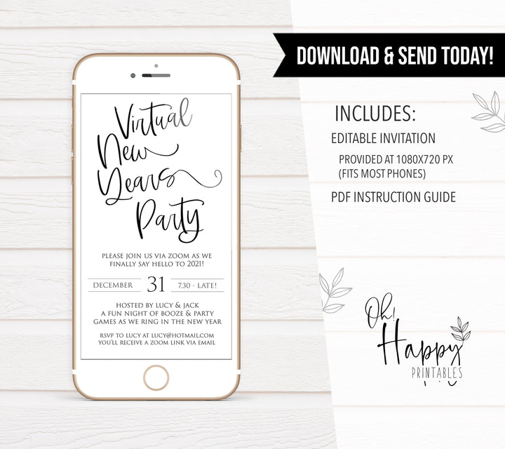 virtual elegant new years eve invitation, new years eve party invitation, new years eve party ideas, party invitations, editable party invitations, gold new years eve invitation