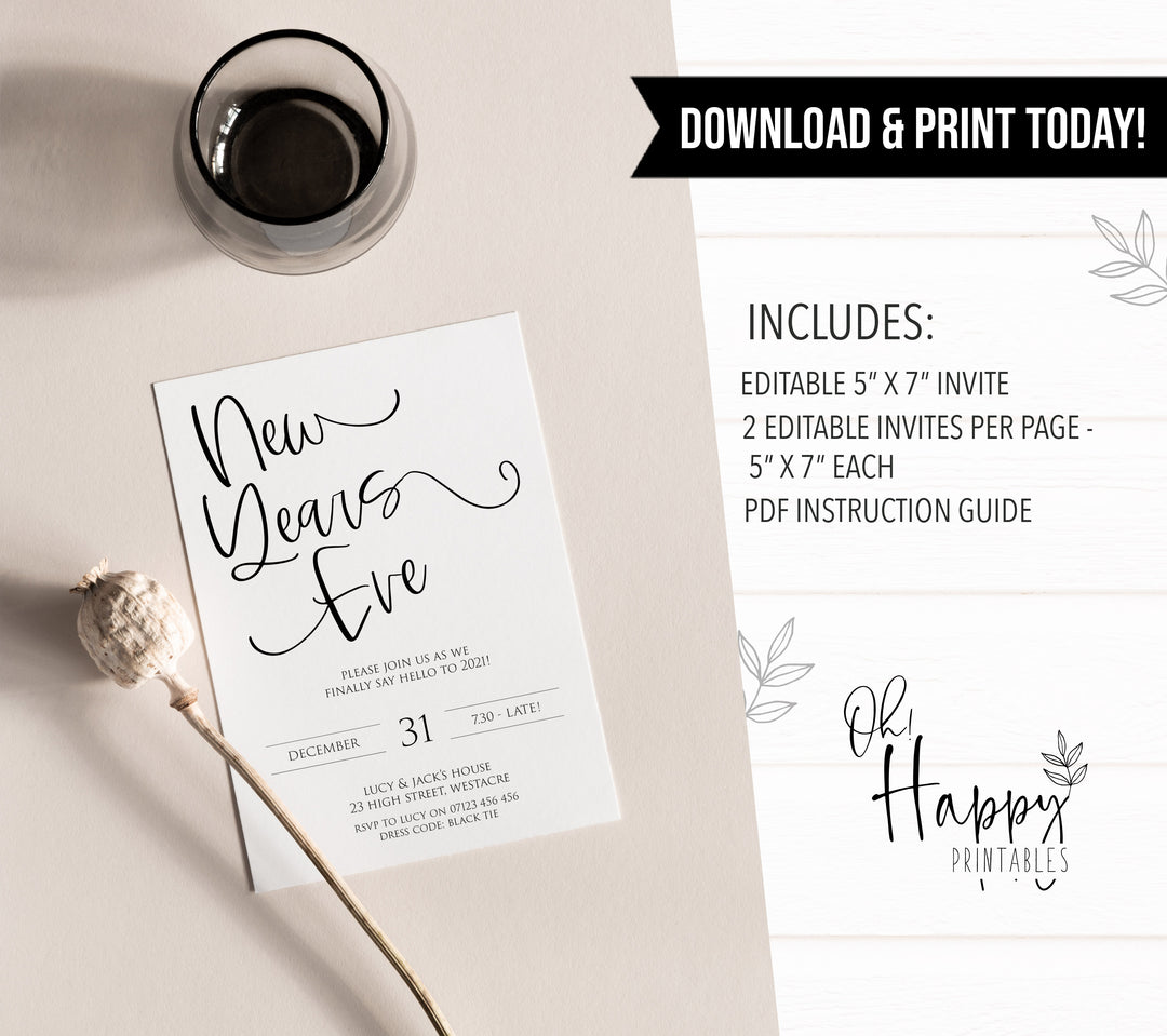 elegant new years eve invitation, new years eve party invitation, new years eve party ideas, party invitations, editable party invitations, gold new years eve invitation