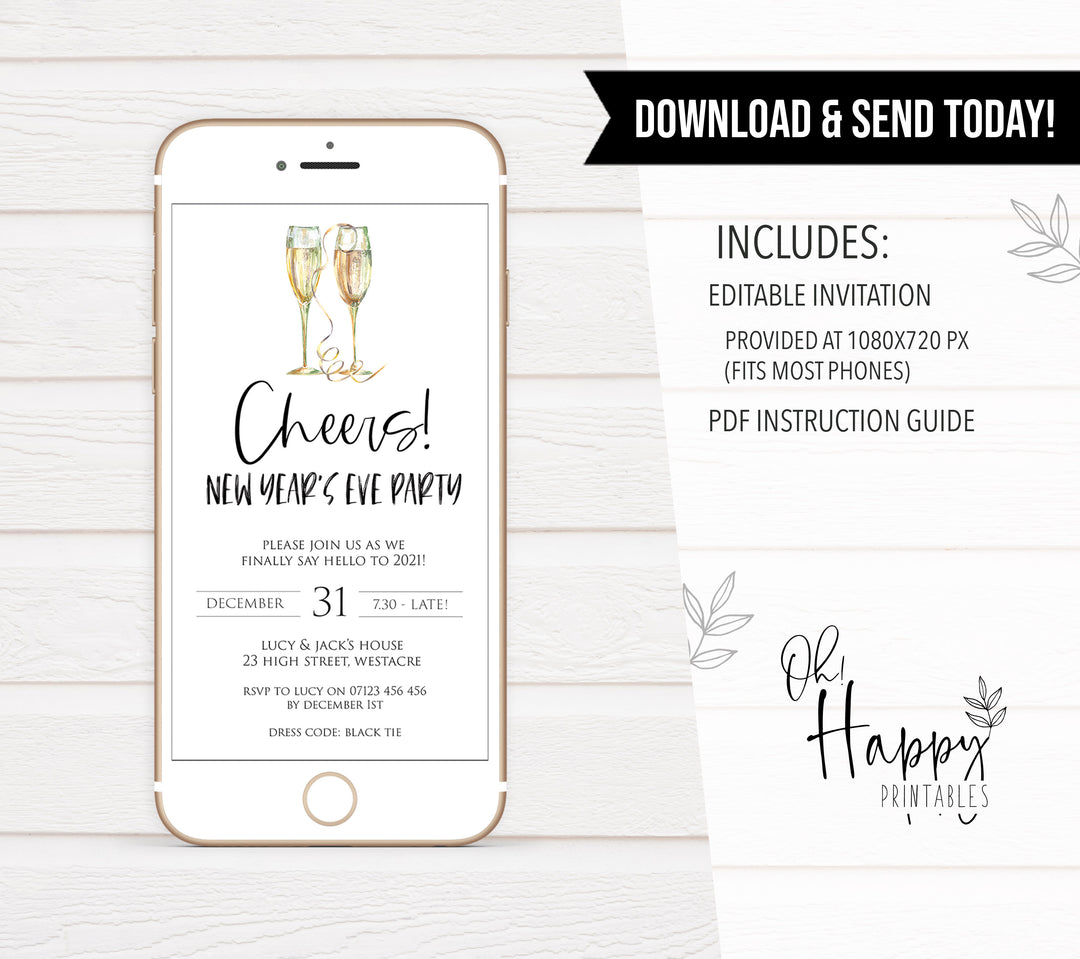 gold cheers new years eve, mobile invitation, phone invitation, new years eve party invitation, new years eve party ideas, party invitations, editable party invitations, gold new years eve invitation