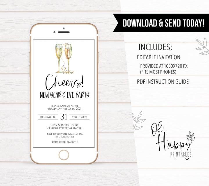 gold cheers new years eve, mobile invitation, phone invitation, new years eve party invitation, new years eve party ideas, party invitations, editable party invitations, gold new years eve invitation