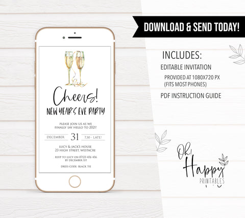 gold cheers new years eve, mobile invitation, phone invitation, new years eve party invitation, new years eve party ideas, party invitations, editable party invitations, gold new years eve invitation
