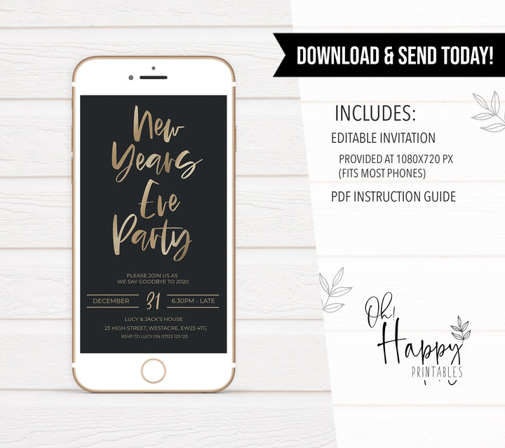 gold new years eve invitation, cell phone invitation,new years eve party invitation, new years eve party ideas, party invitations, editable party invitations, gold new years eve invitation