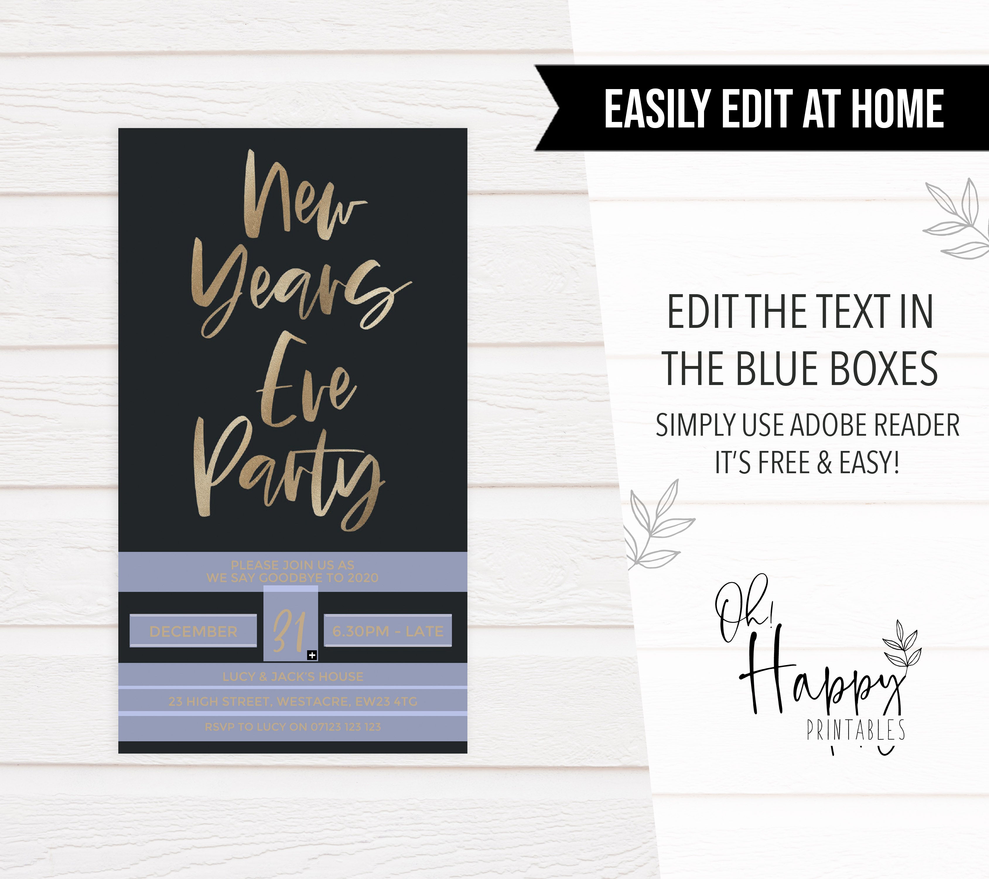 gold new years eve invitation, cell phone invitation,new years eve party invitation, new years eve party ideas, party invitations, editable party invitations, gold new years eve invitation