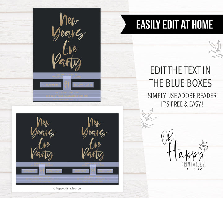 new years eve party invitation, new years eve party ideas, party invitations, editable party invitations, gold new years eve invitation