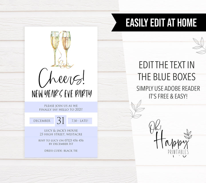 gold cheers new years eve, mobile invitation, phone invitation, new years eve party invitation, new years eve party ideas, party invitations, editable party invitations, gold new years eve invitation