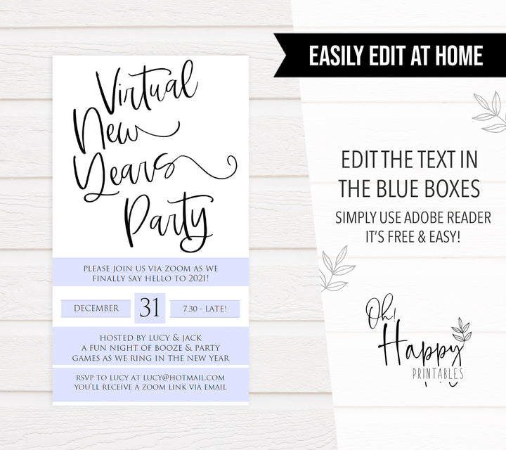 virtual elegant new years eve invitation, new years eve party invitation, new years eve party ideas, party invitations, editable party invitations, gold new years eve invitation