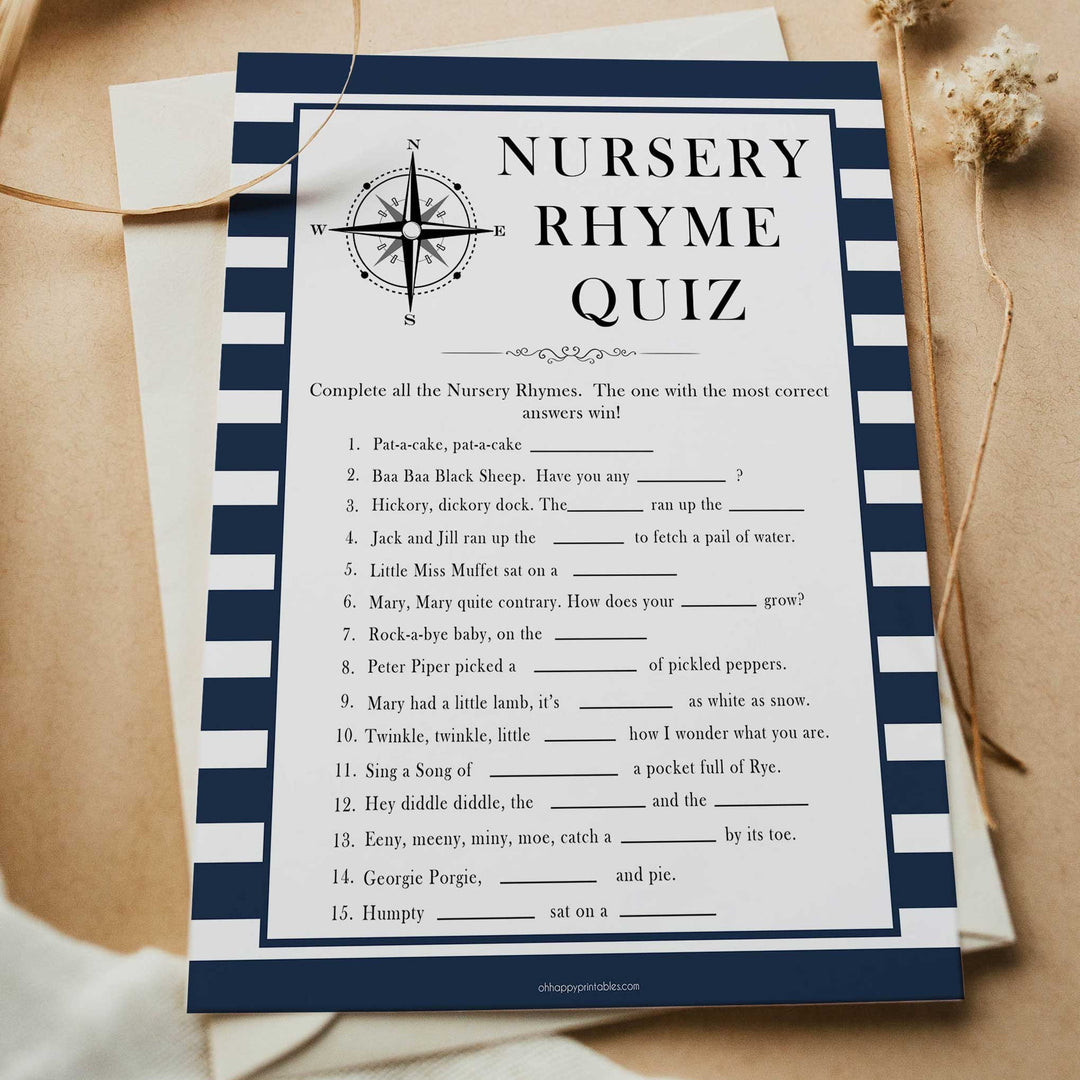 Nautical baby shower games, nursery rhyme quiz baby shower games, printable baby shower games, baby shower games, fun baby games, ahoy its a boy, popular baby shower games, sailor baby games, boat baby games