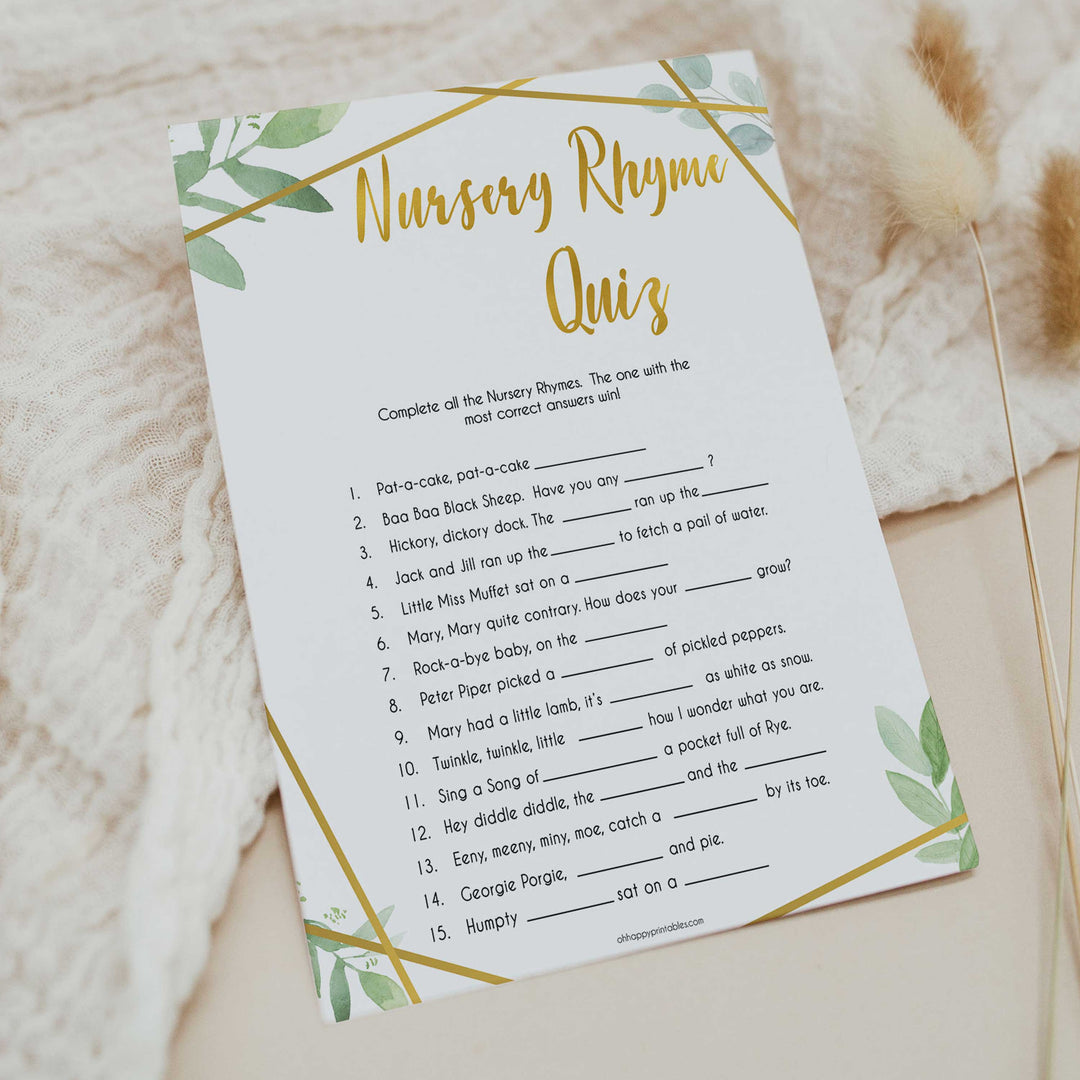 gold geometric nursery rhyme quiz baby shower games, printable baby shower games, fun baby games, popular baby games, gold baby games