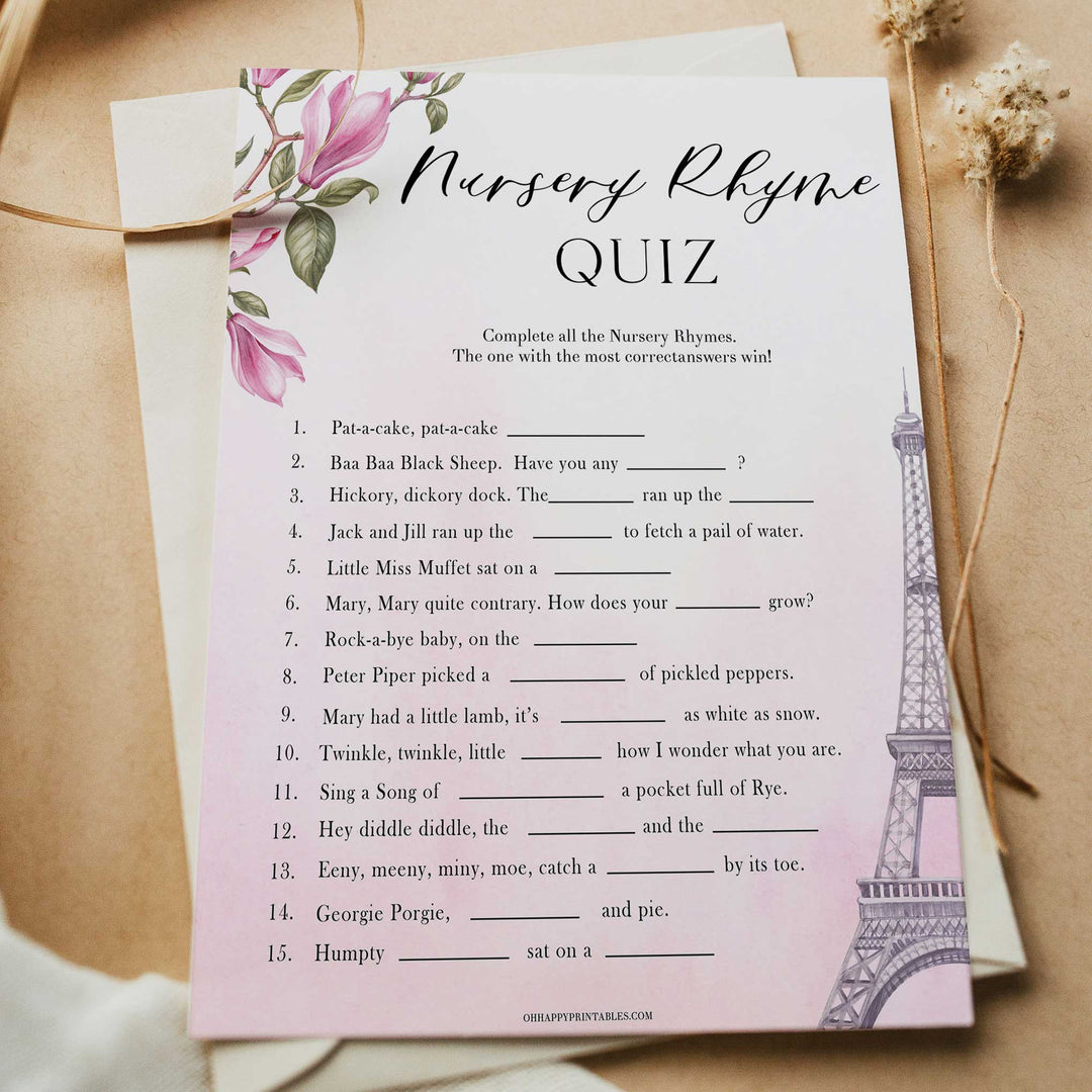 nursery rhyme baby game, Paris baby shower games, printable baby shower games, Parisian baby shower games, fun baby shower games