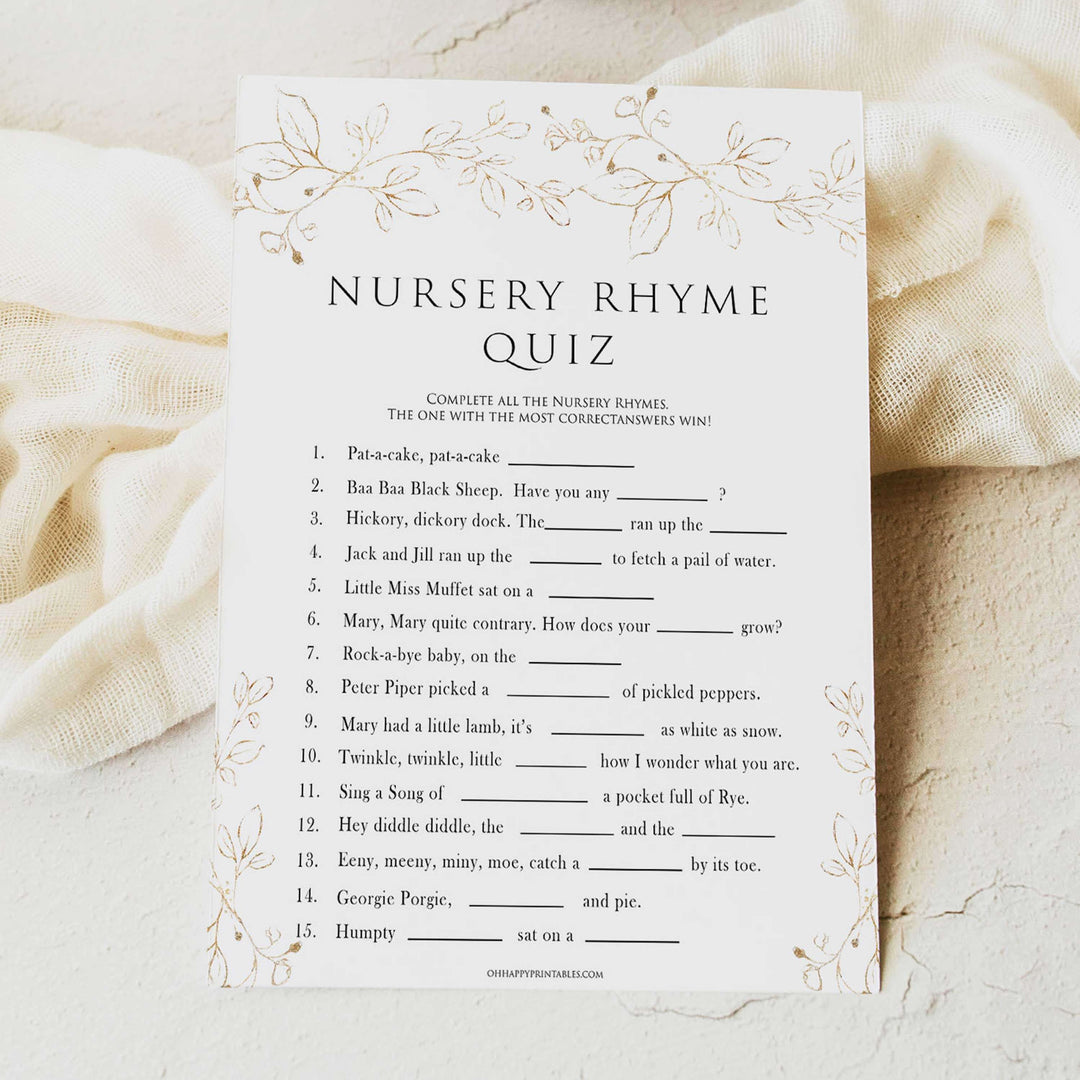 nursery rhyme quiz game, Printable baby shower games, gold leaf baby games, baby shower games, fun baby shower ideas, top baby shower ideas, gold leaf baby shower, baby shower games, fun gold leaf baby shower ideas