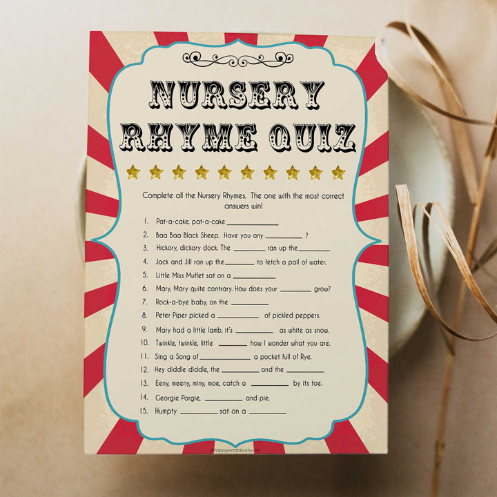 Circus baby nursery rhyme quiz baby shower games, circus baby games, carnival baby games, printable baby games, fun baby games, popular baby games, carnival baby shower, carnival theme