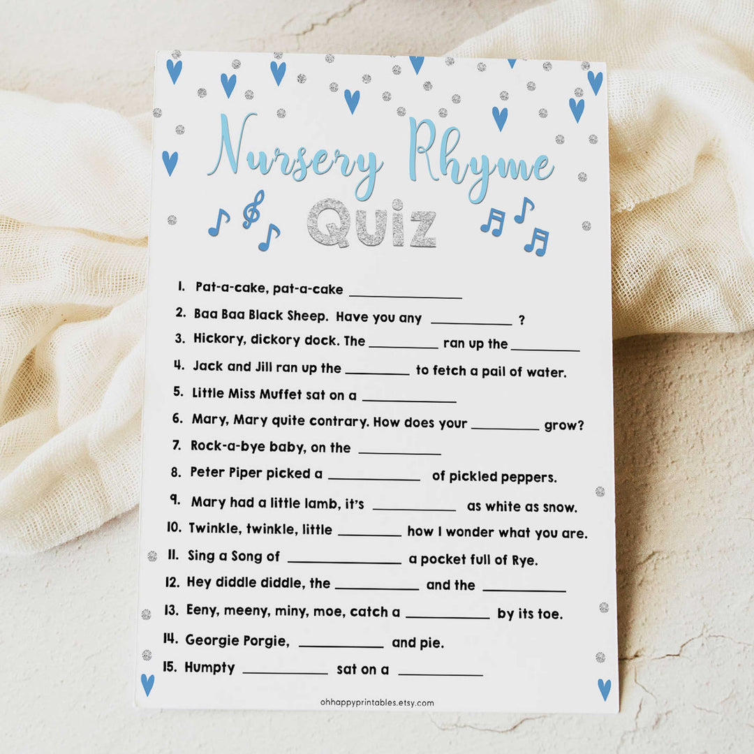 nursery rhyme quiz game, baby nursery rhyme game, Printable baby shower games, small blue hearts fun baby games, baby shower games, fun baby shower ideas, top baby shower ideas, silver baby shower, blue hearts baby shower ideas