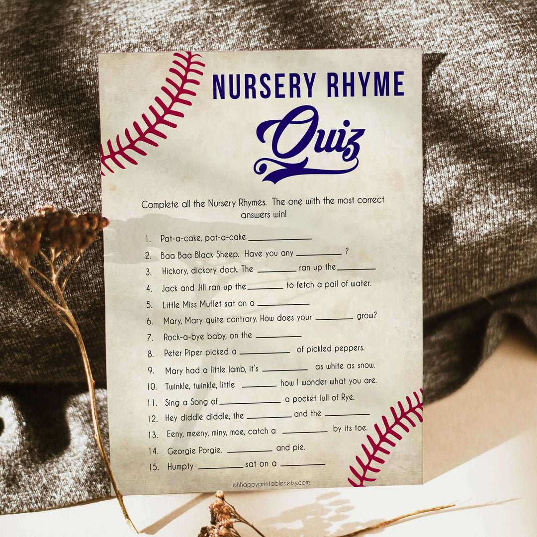 Baseball Nursery Rhyme Quiz, Baby Shower Games, Baseball Guess the Bursery Rhyme, Baby Song Games, Baseball Nursery Rhyme Game, printable baby shower games, fun baby shower games, popular baby shower games
